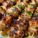 Air Fryer Garlic Parmesan Chicken Skewers on a serving plate