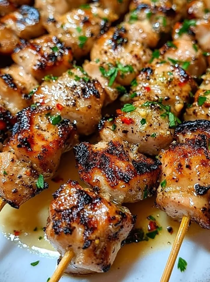 Air Fryer Garlic Parmesan Chicken Skewers on a serving plate
