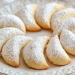 Plate of freshly baked Almond Crescent Cookies with powdered sugar topping