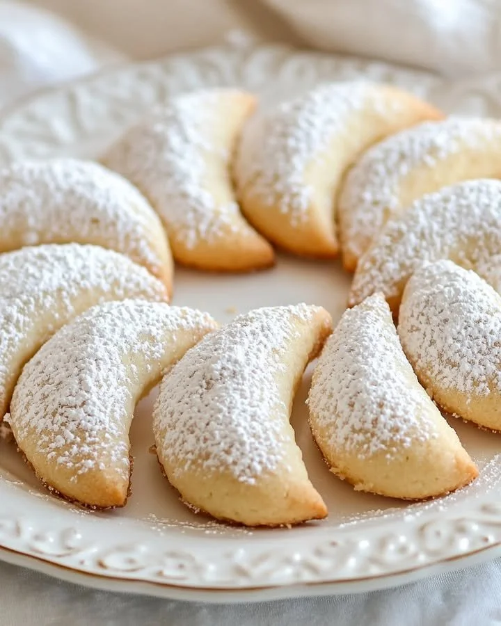 Plate of freshly baked Almond Crescent Cookies with powdered sugar topping