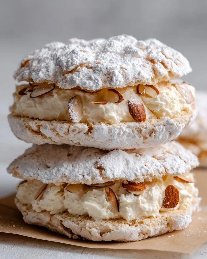 Delicious Almond Dacquoise Sandwiches made with almond meringue and creamy filling.