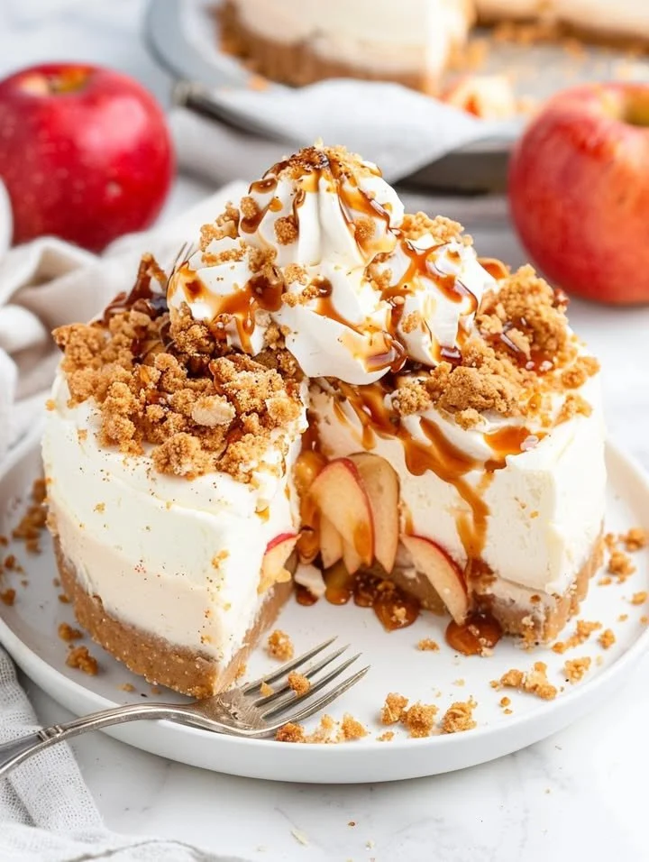 Delicious apple crumble cheesecake with a buttery crumble topping