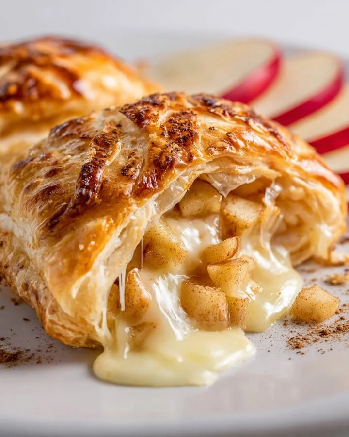 Delicious Apple Pie Brie Bomb served with crusty bread and caramel sauce