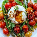 Asparagus Tomato Salad topped with burrata cheese, garnished with herbs.