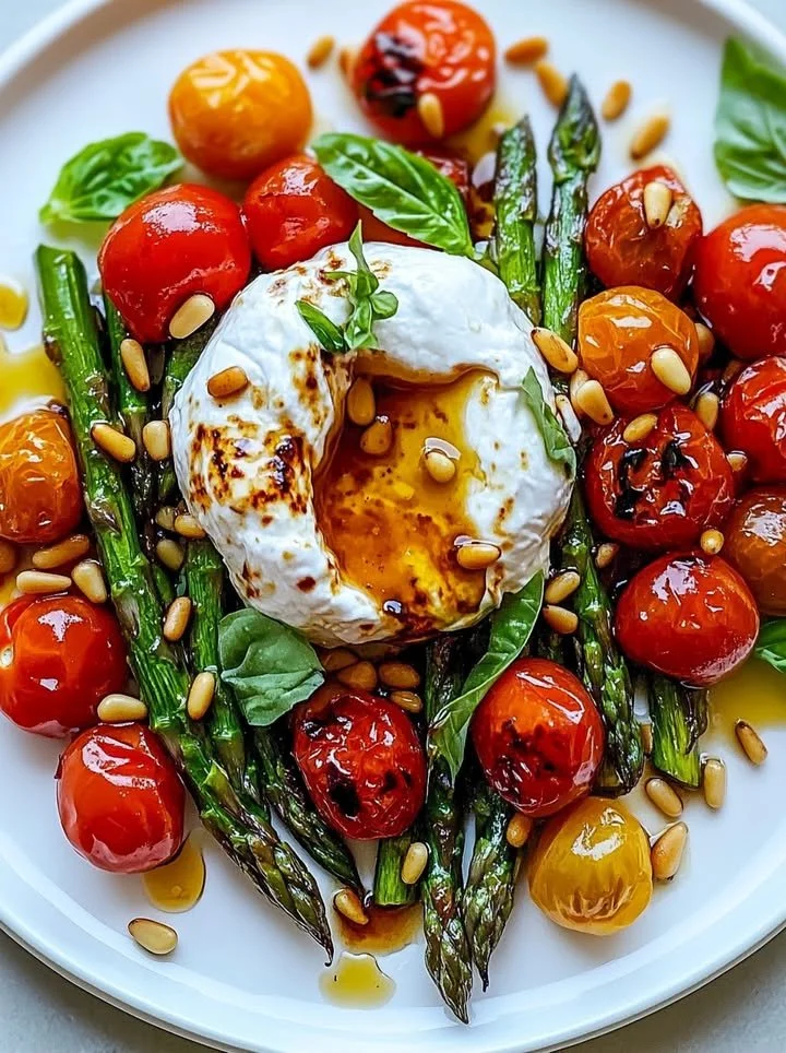 Asparagus Tomato Salad topped with burrata cheese, garnished with herbs.
