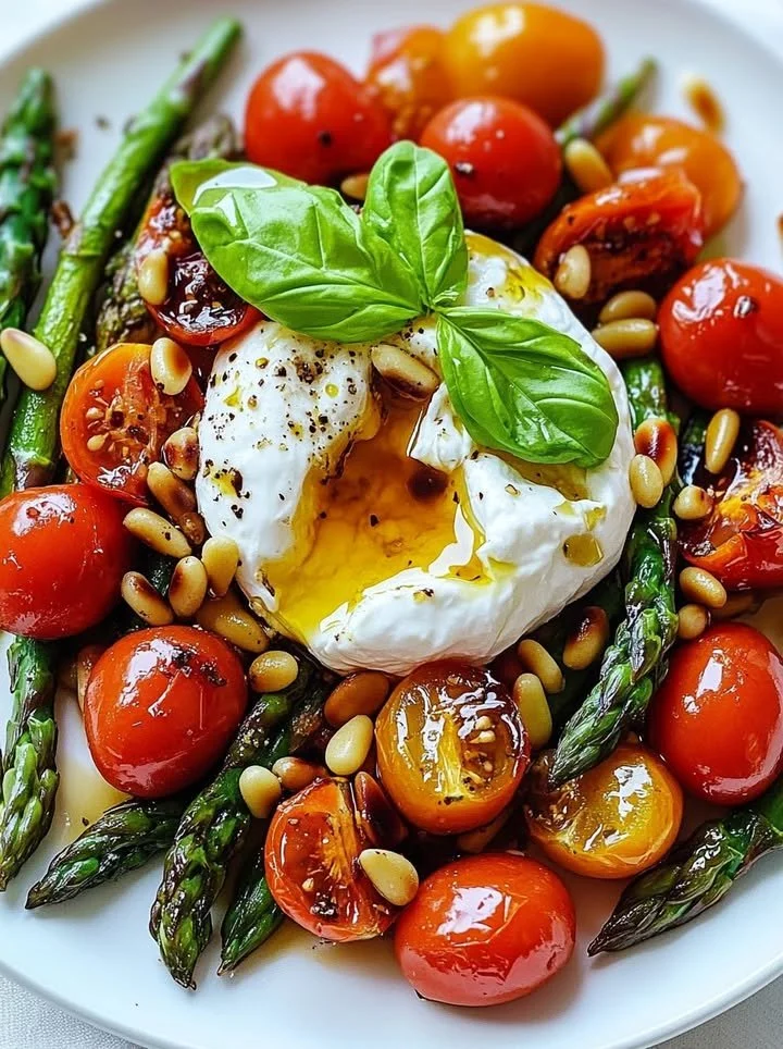 Asparagus Tomato Salad with burrata cheese served in a bowl