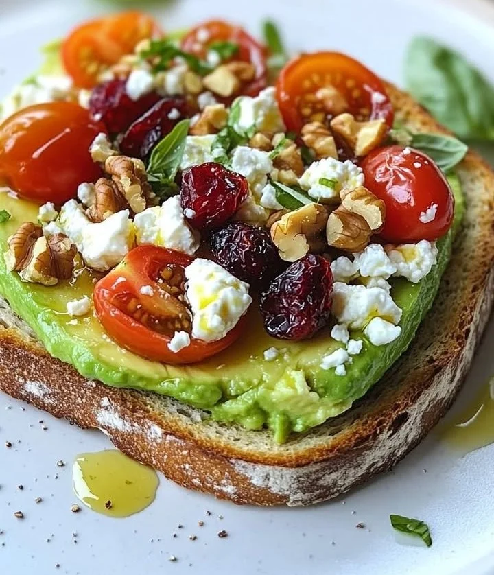 Delicious Avocado Feta Toast topped with fresh feta cheese and herbs