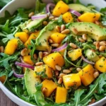 Avocado Mango Salad with Arugula and Pine Nuts served in a bowl