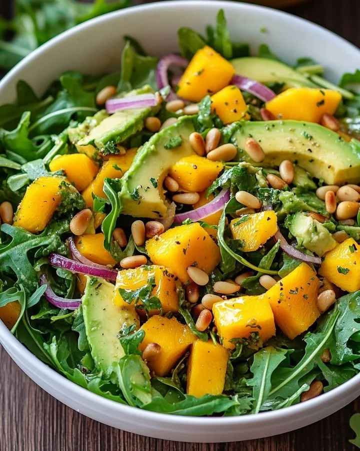 Avocado Mango Salad with Arugula and Pine Nuts served in a bowl