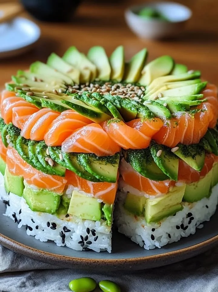 Deliciously crafted avocado sushi cake garnished with fresh ingredients