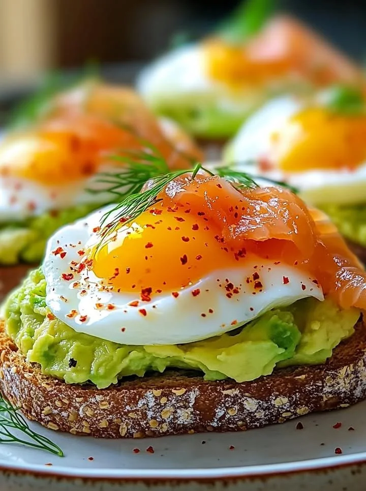 Avocado toast with poached egg and smoked salmon on a plate