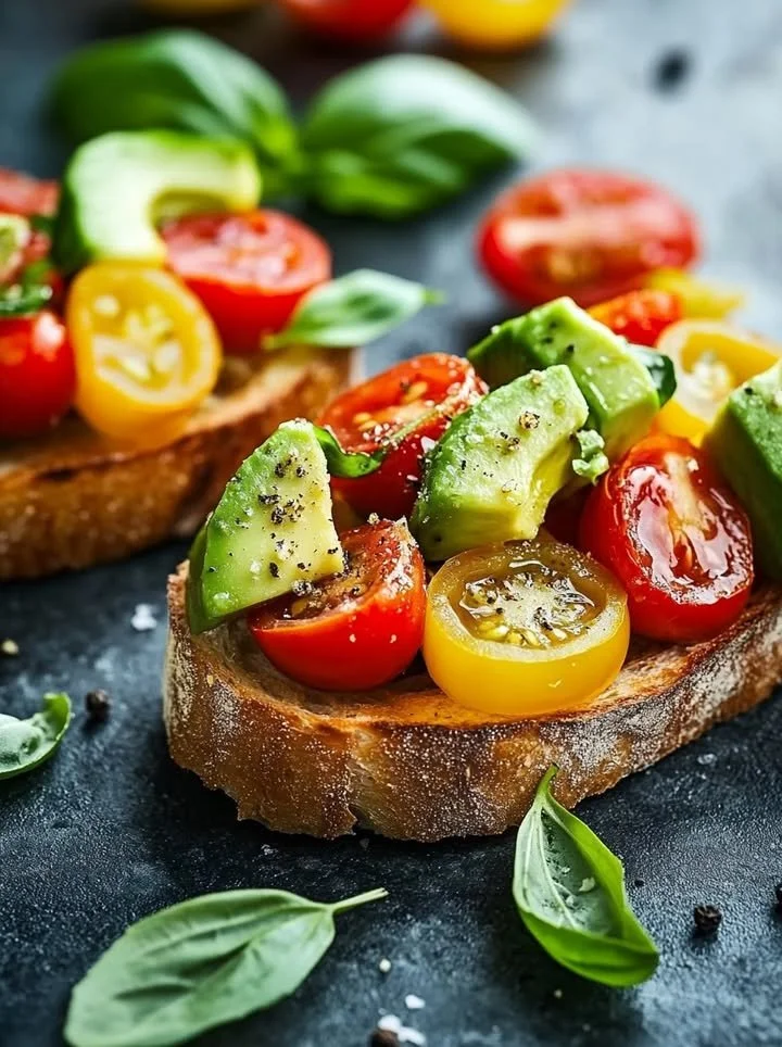 Avocado, tomato, and basil bruschetta served on toasted bread