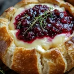 Baked brie in a bread bowl with cranberry sauce and thyme garnish.