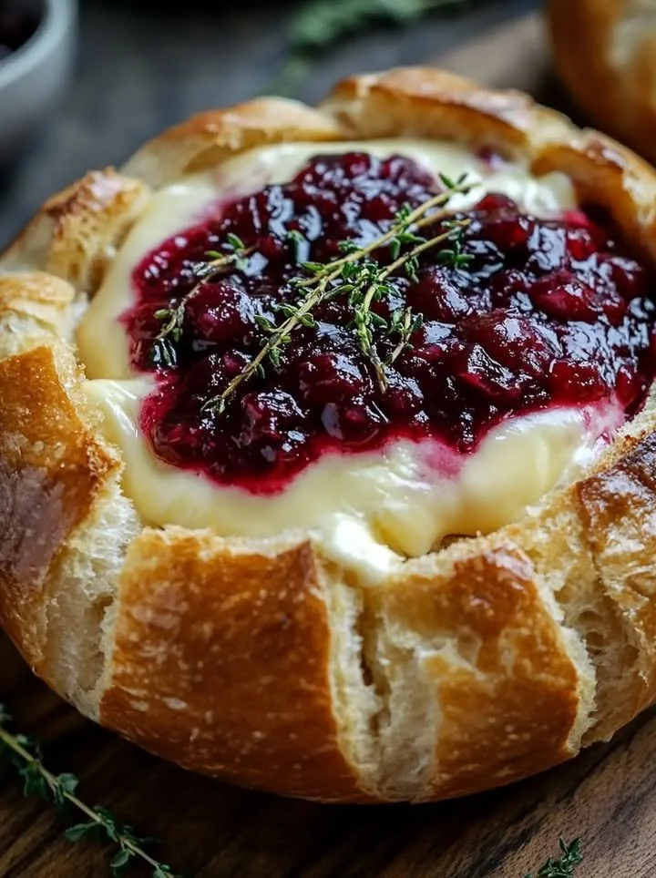 Baked brie in a bread bowl with cranberry sauce and thyme garnish.