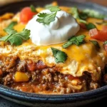 Delicious baked burrito casserole topped with melted cheese and fresh ingredients