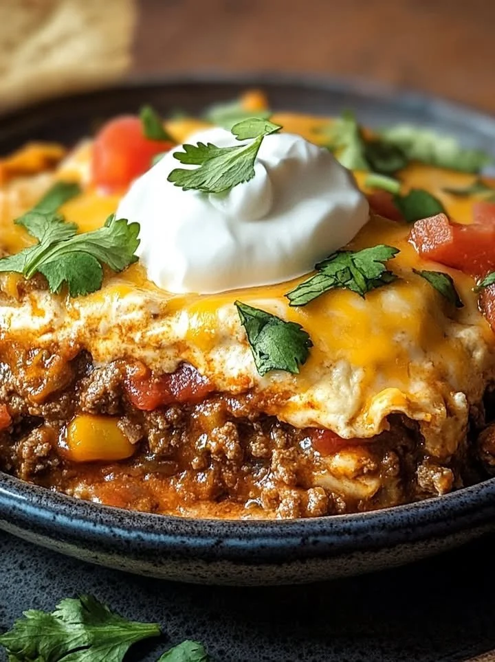 Delicious baked burrito casserole topped with melted cheese and fresh ingredients
