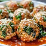 Baked chicken ricotta meatballs served with marinara sauce on a plate.