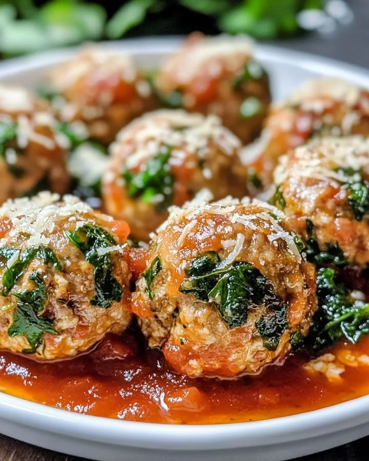 Baked chicken ricotta meatballs served with marinara sauce on a plate.