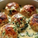 Baked chicken ricotta meatballs with spinach Alfredo sauce served on a plate.