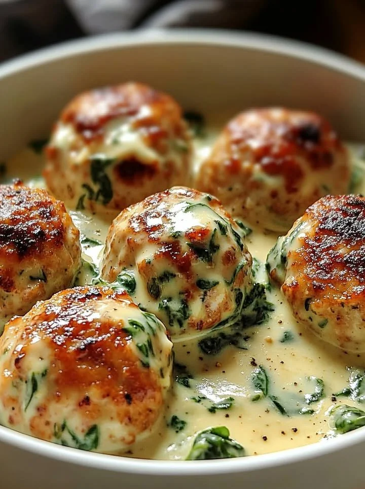 Baked chicken ricotta meatballs with spinach Alfredo sauce served on a plate.