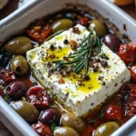 Baked feta dish with olives and sun-dried tomatoes ready for serving