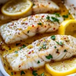 Baked lemon garlic cod with rich butter sauce served on a plate