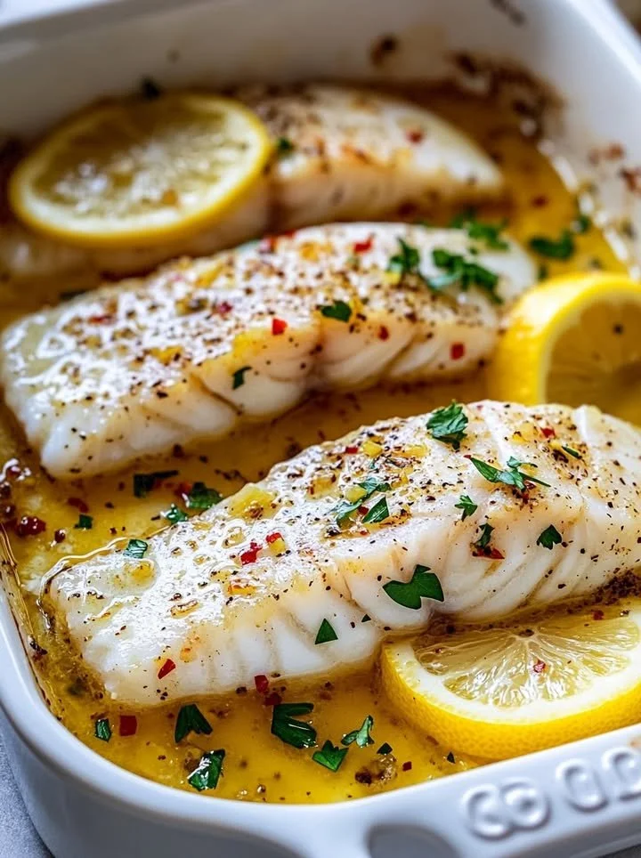 Baked lemon garlic cod with rich butter sauce served on a plate