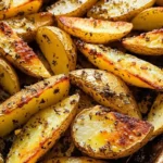 Baked Mustard Lemon Potatoes with Garlic and Oregano on a serving plate