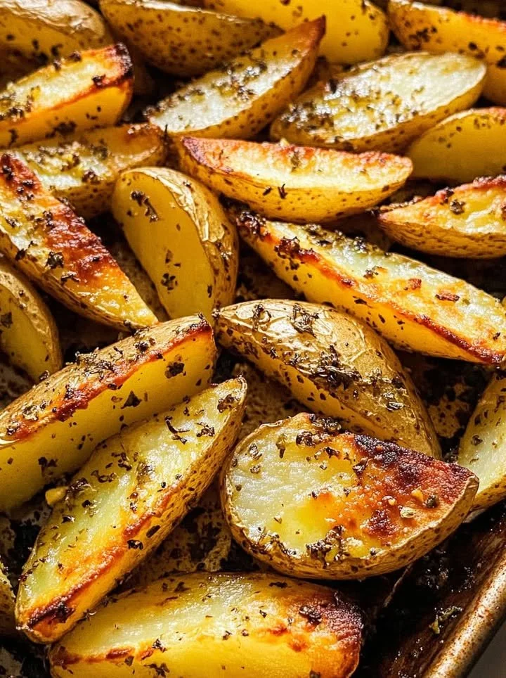 Baked Mustard Lemon Potatoes with Garlic and Oregano on a serving plate