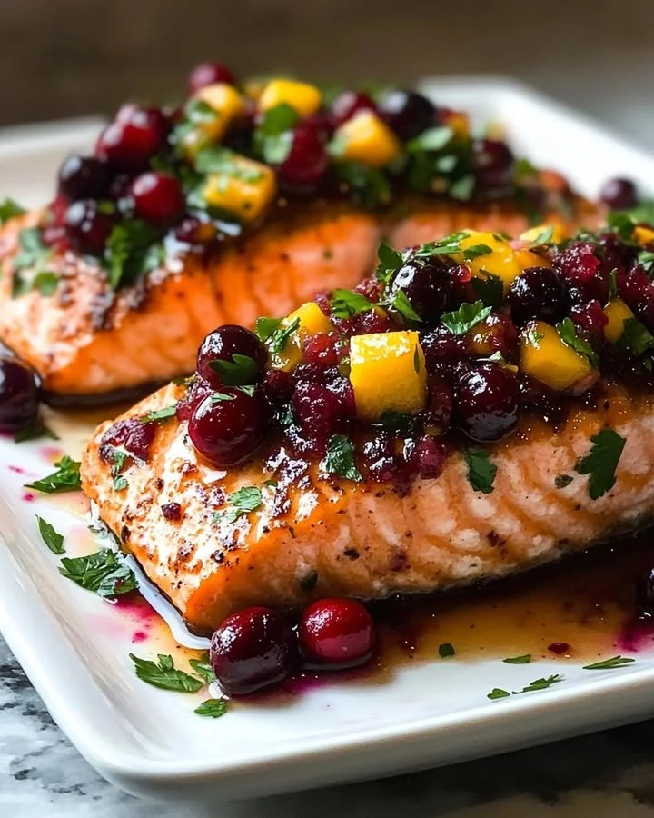 Baked salmon fillet topped with cranberry salsa and pecans on a plate