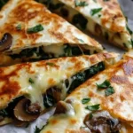 Baked spinach mushroom quesadillas served on a plate with fresh ingredients
