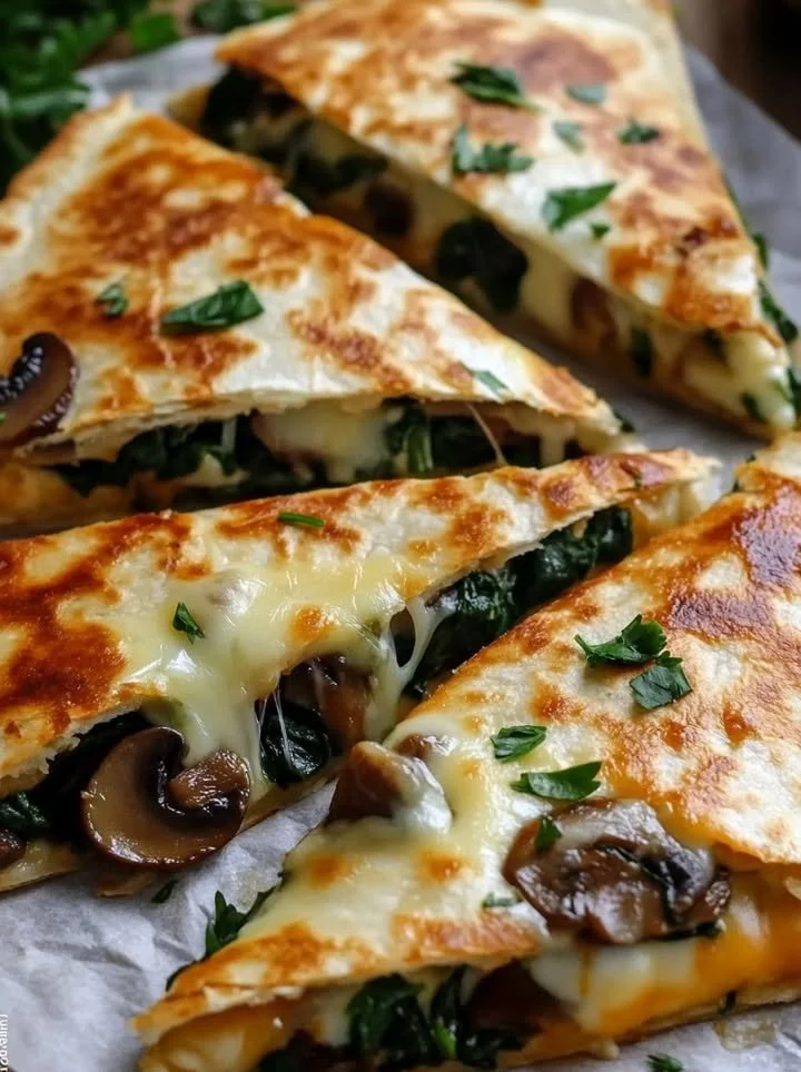 Baked spinach mushroom quesadillas served on a plate with fresh ingredients