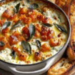 Baked whipped feta dip with goat cheese, sweet potato, and sage