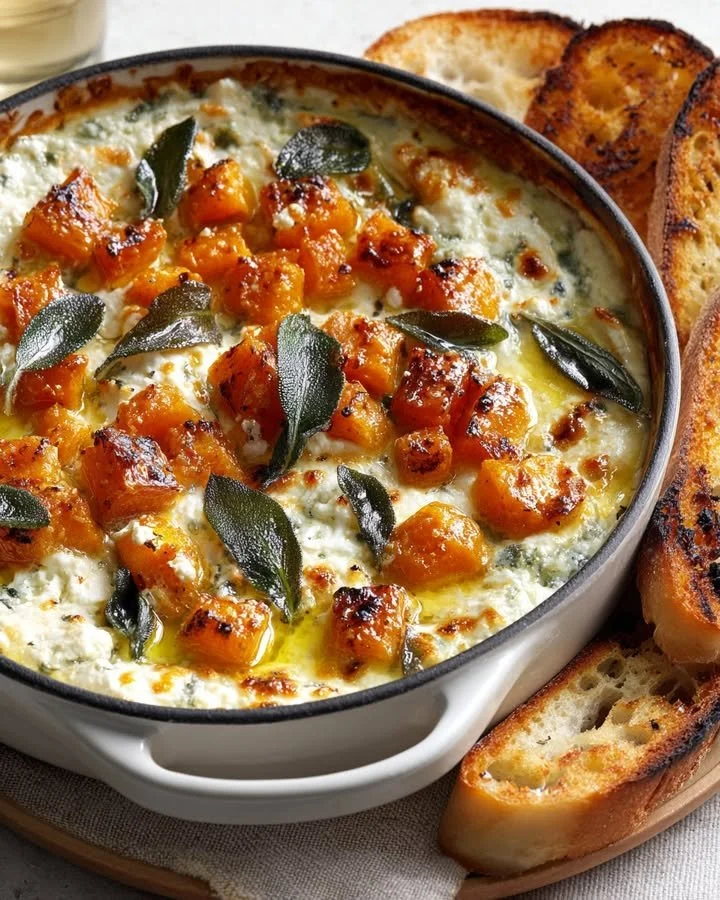 Baked whipped feta dip with goat cheese, sweet potato, and sage