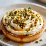 Baked feta tart topped with pistachio crunch and chili honey drizzle