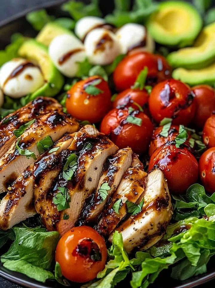 Balsamic glazed chicken salad with fresh vegetables and vinaigrette.