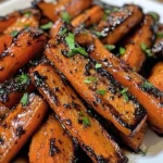 Balsamic glazed roasted carrots served on a plate with fresh herbs.