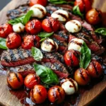Delicious Balsamic Grilled Flank Steak served in a Caprese style with fresh tomatoes and basil