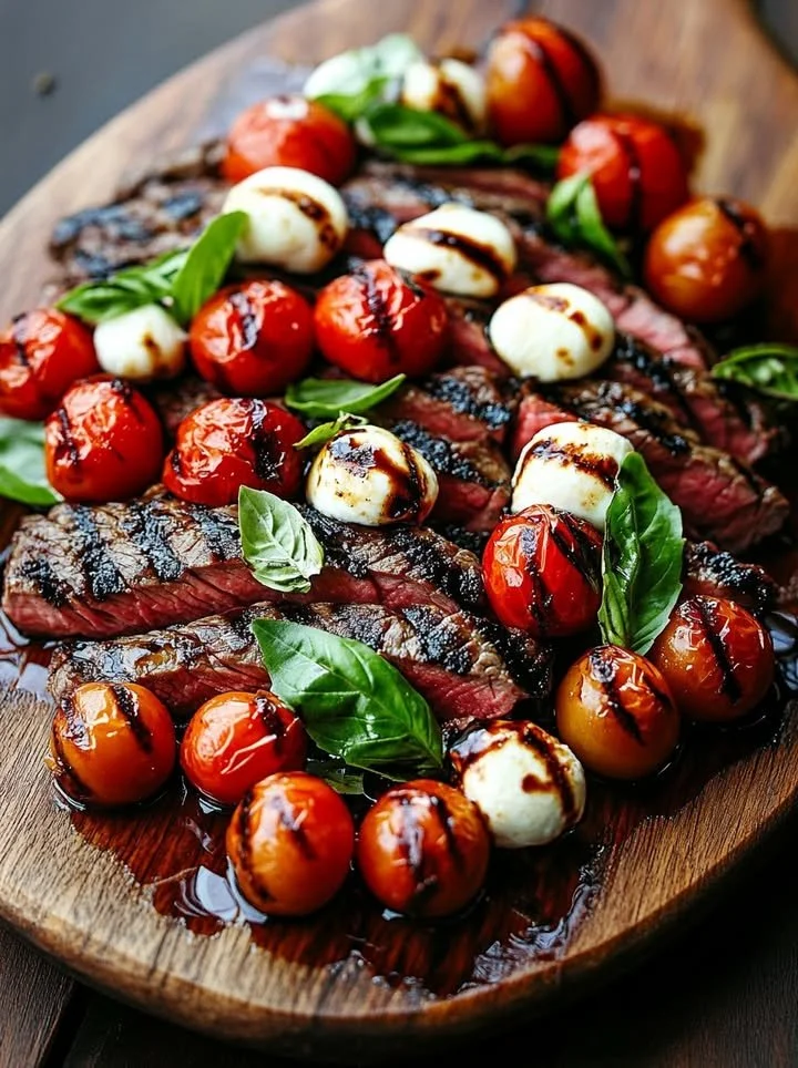 Delicious Balsamic Grilled Flank Steak served in a Caprese style with fresh tomatoes and basil