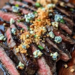 Balsamic marinated flank steak topped with blue cheese crust on a platter.