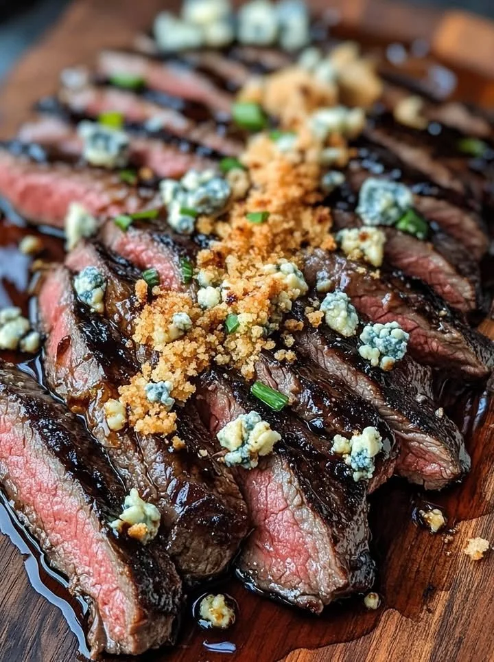 Balsamic marinated flank steak topped with blue cheese crust on a platter.