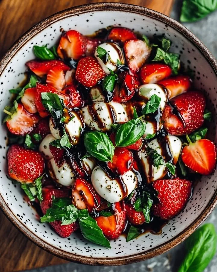 Balsamic strawberry caprese salad with fresh strawberries, mozzarella, and basil