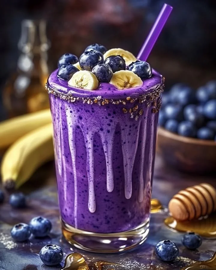 Delicious Banana-Blueberry Smoothie in a glass with fresh fruits