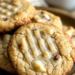 Delicious banana bread cookies on a white plate with a banana in the background.