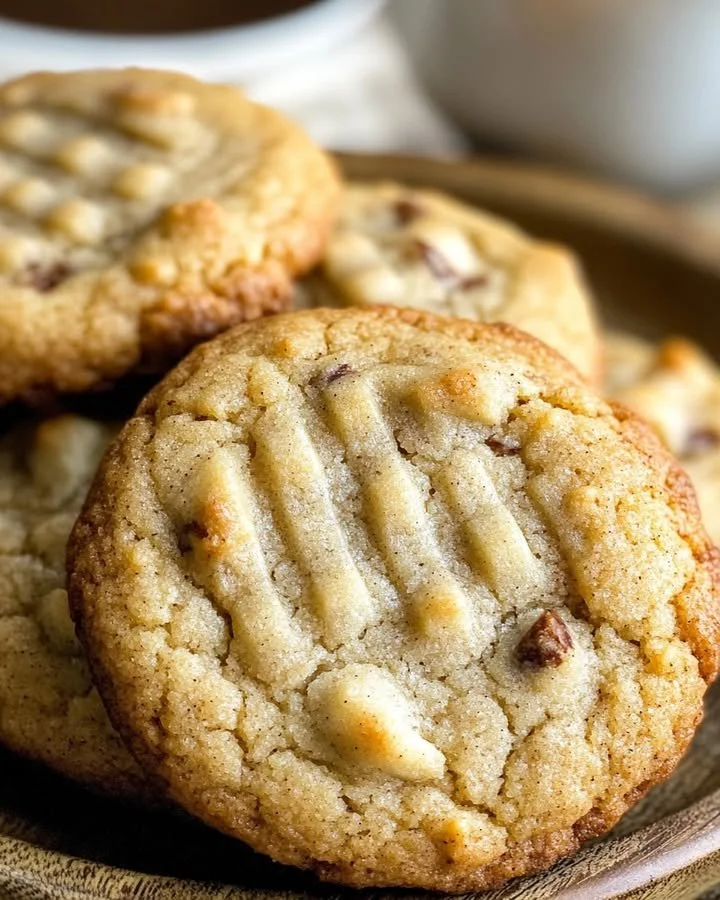Delicious banana bread cookies on a white plate with a banana in the background.