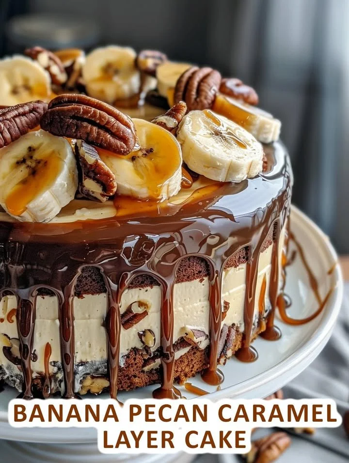 Slice of banana pecan caramel layer cake topped with pecans and caramel drizzle