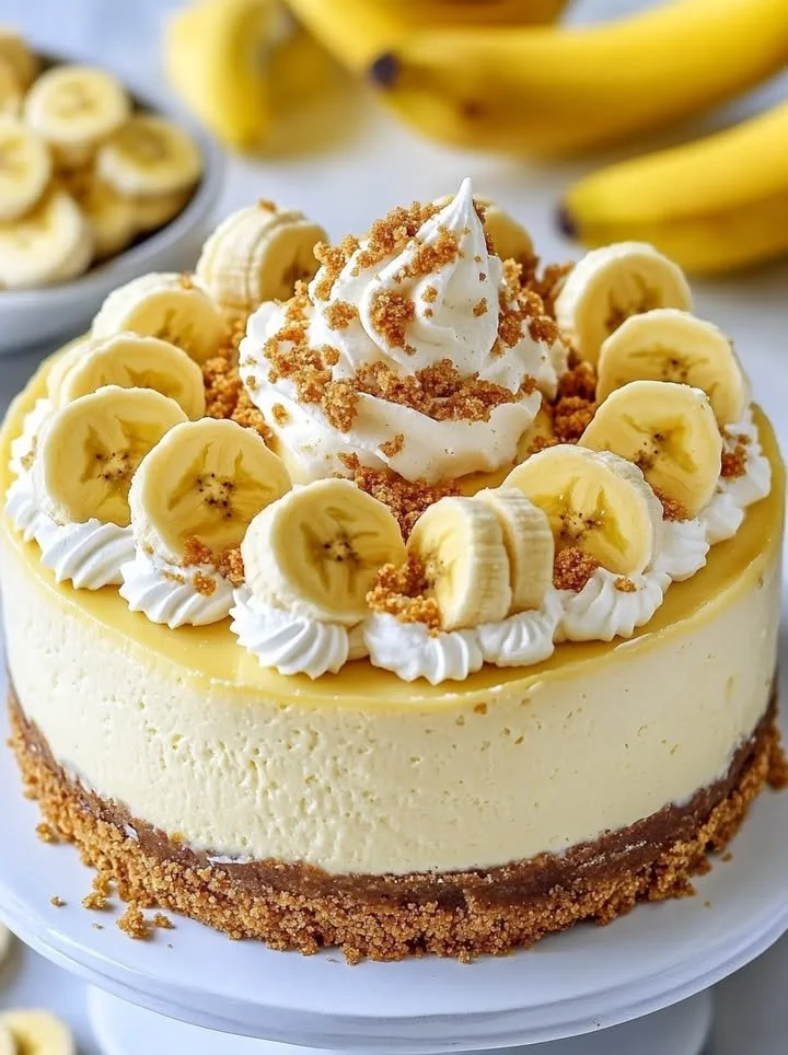 Delicious banana pudding cheesecake topped with whipped cream and banana slices
