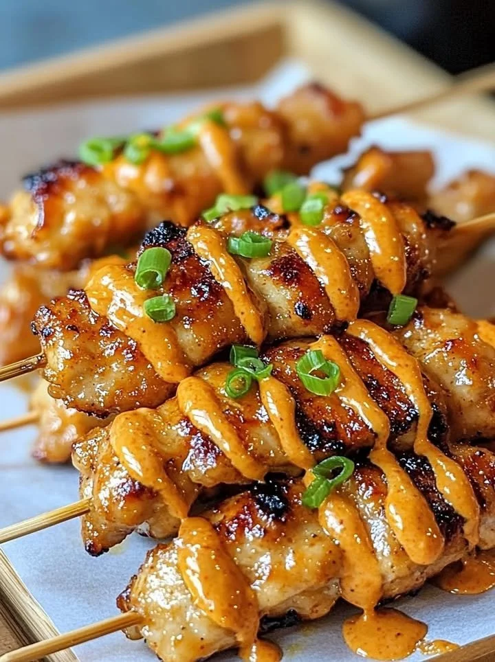 Delicious Bang Bang Chicken Skewers garnished and ready to serve