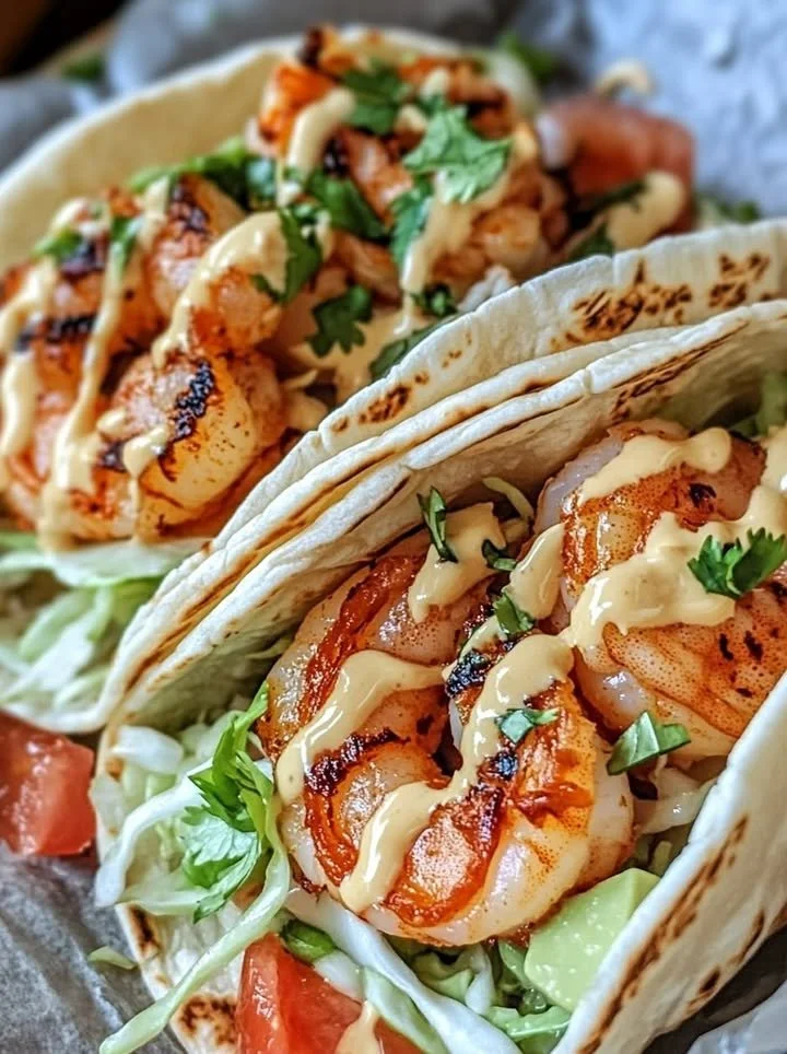 Delicious Bang Bang Shrimp Tacos with spicy shrimp in soft tortillas