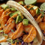 Delicious Bang Bang Shrimp Tacos topped with fresh ingredients on a wooden table.